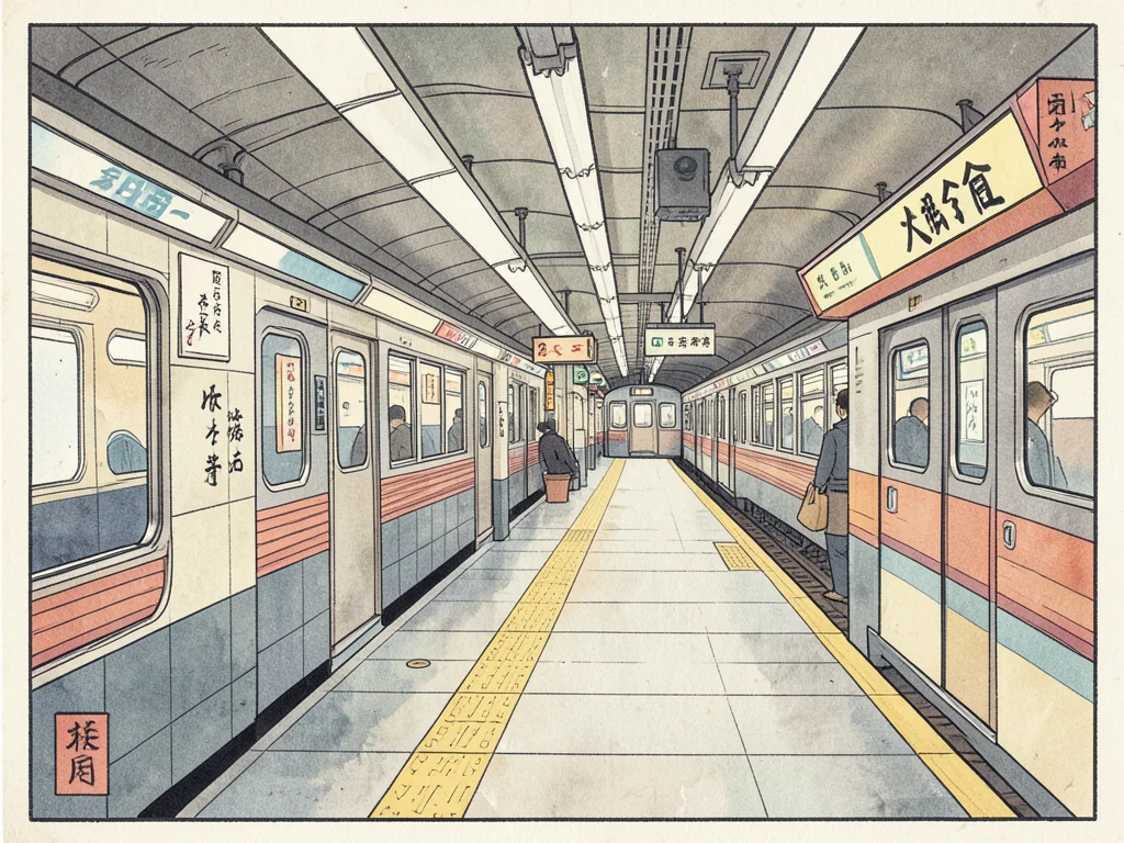 Tokyo subway station rendered in ukiyo-e woodblock print style, flat colors, wav