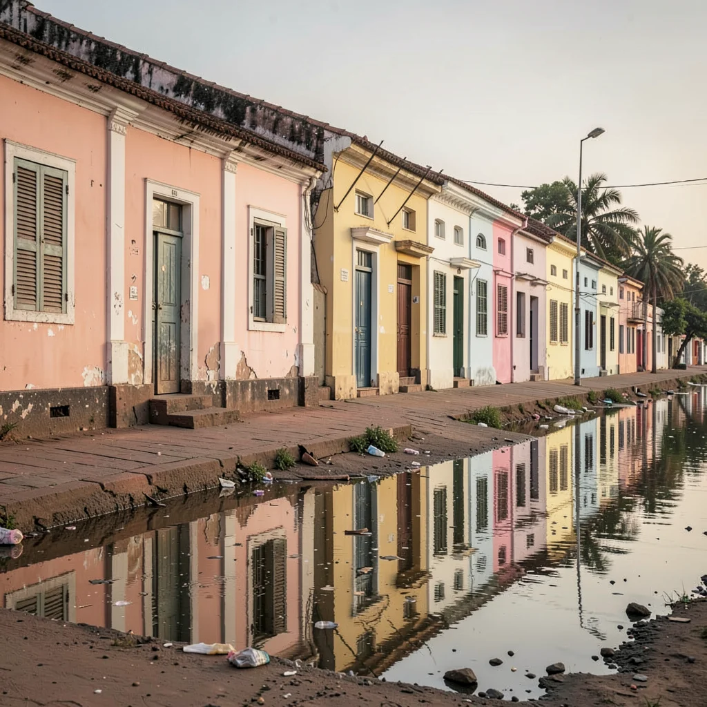 Soft morning light on faded colonial pastels, Saint-Louis Senegal, Row of coloni