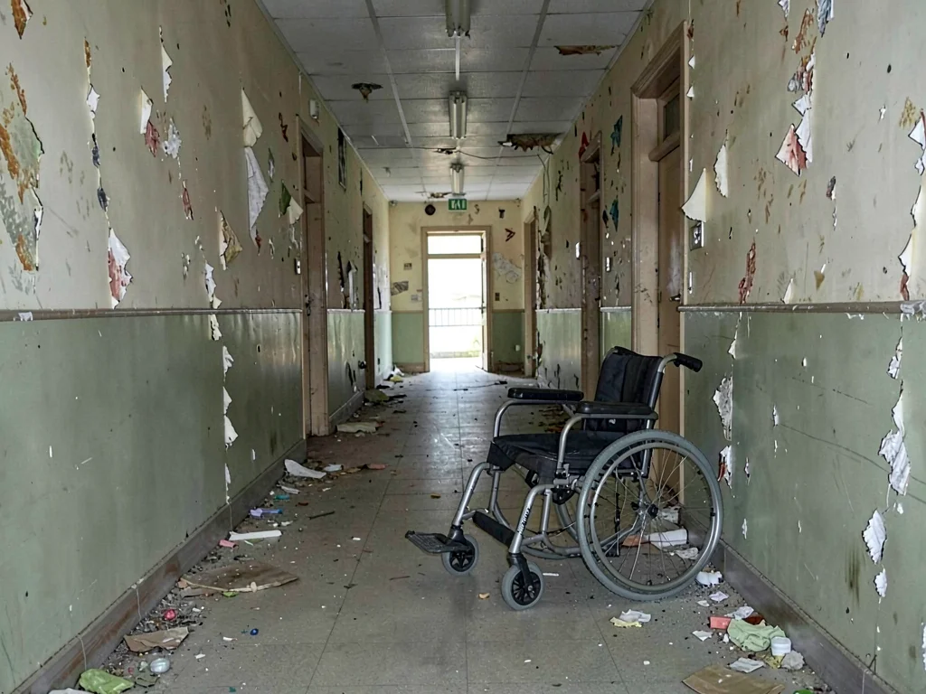 Decommissioned asylum hallway, wheelchair abandoned mid-frame, wallpaper peeling
