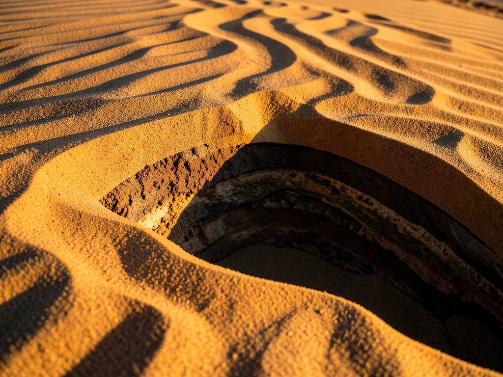 Sand dune cross-section exposed by wind erosion, internal layering visible — old