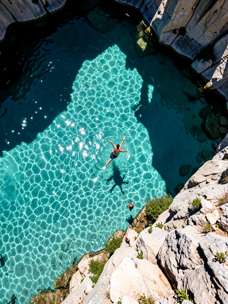 A figure diving into a quarry lake from a cliff, mid-fall, the water far below, 