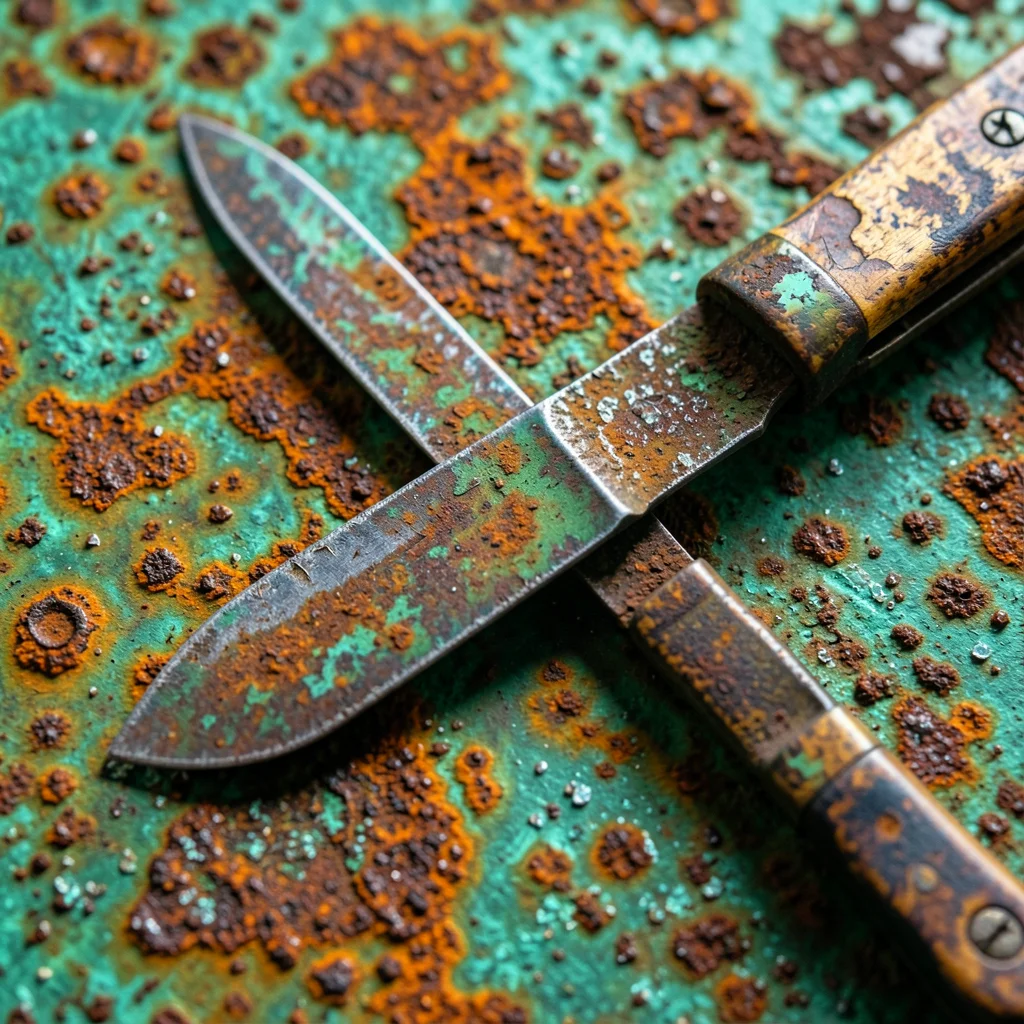 Father's old pocketknife with oxidized blade, worn handle, stories in patina