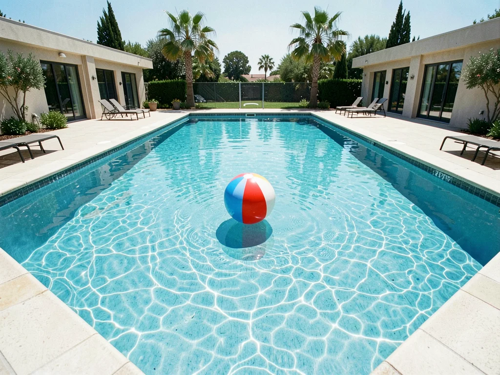 Empty swimming pool with one beach ball at exact center, summer waiting