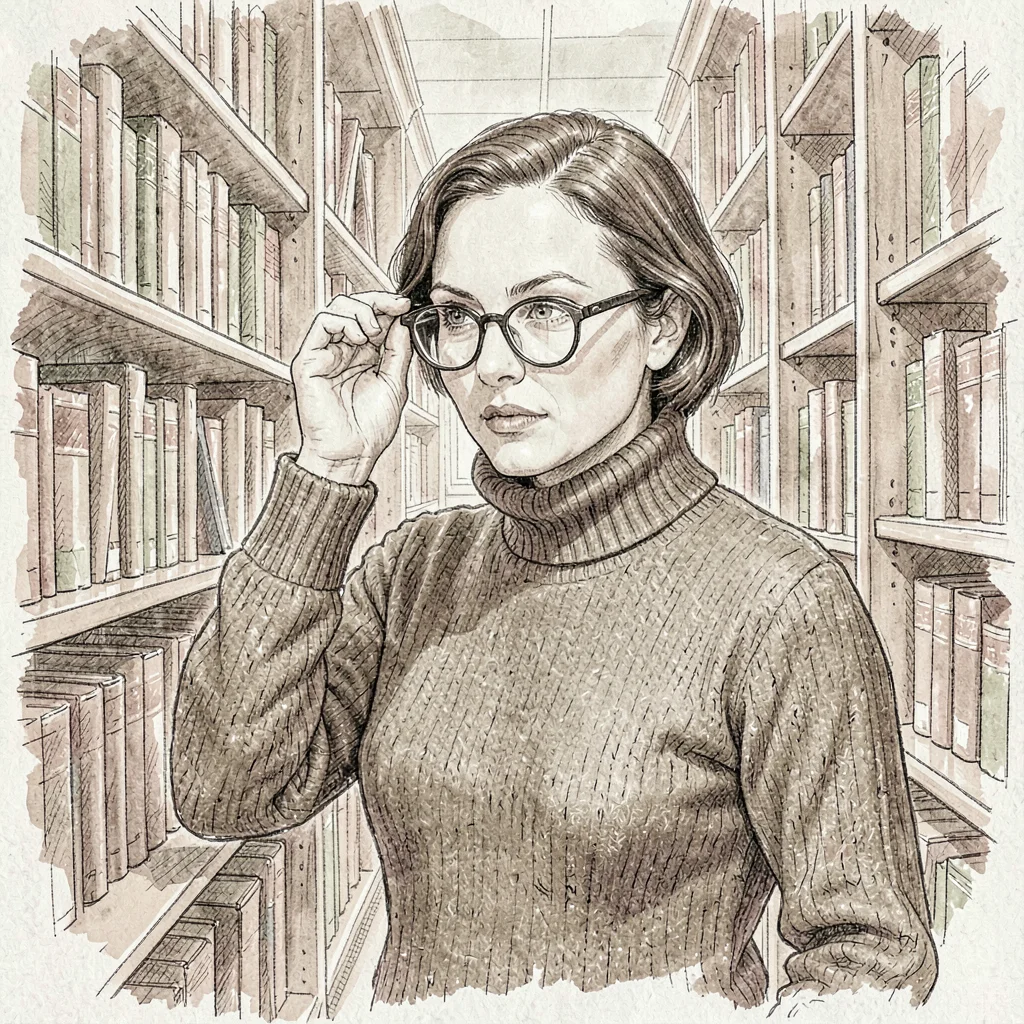 Loose ink sketch of a librarian in a wool turtleneck adjusting her glasses among