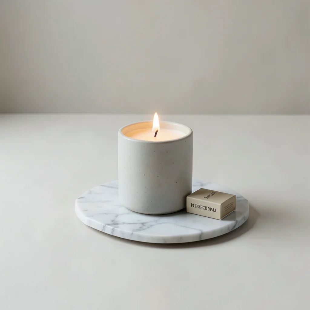 Candle in a ceramic vessel on a marble tray, matchbox beside it, soft light