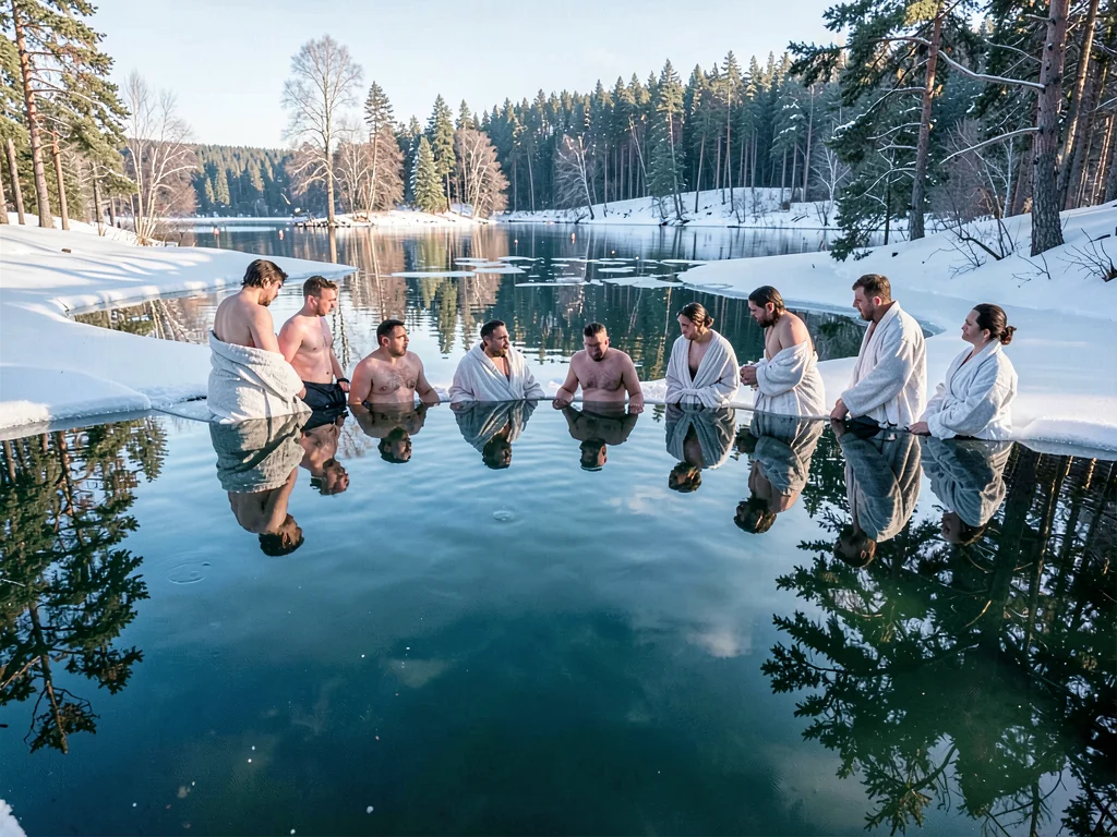 Finnish lake mirror, dead-calm reflection, ice swimmers gathered around a winter