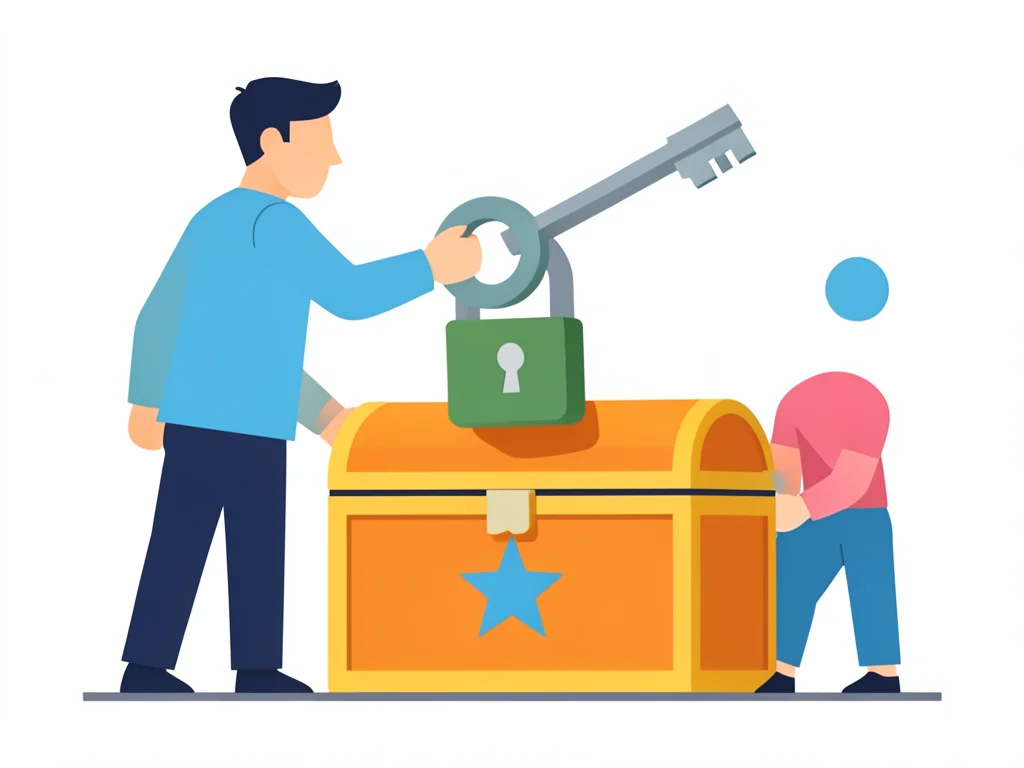 A person holding a giant key unlocking a padlock on a treasure chest labeled wit
