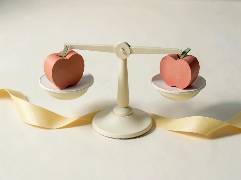 A papercraft scale balanced exactly level with one curved paper apple in each pa