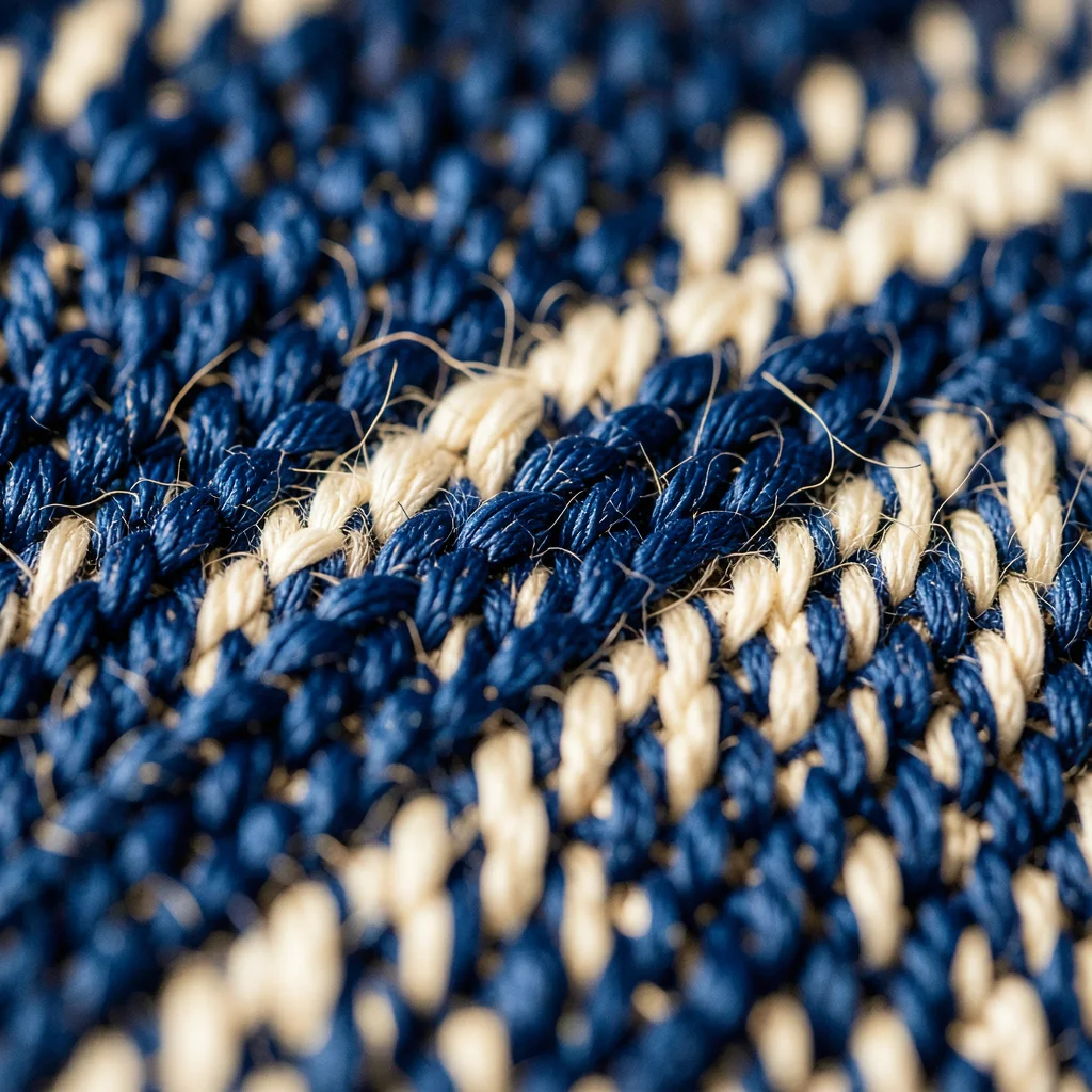 Denim weave at extreme close-up: the indigo warp and white weft visible, the twi