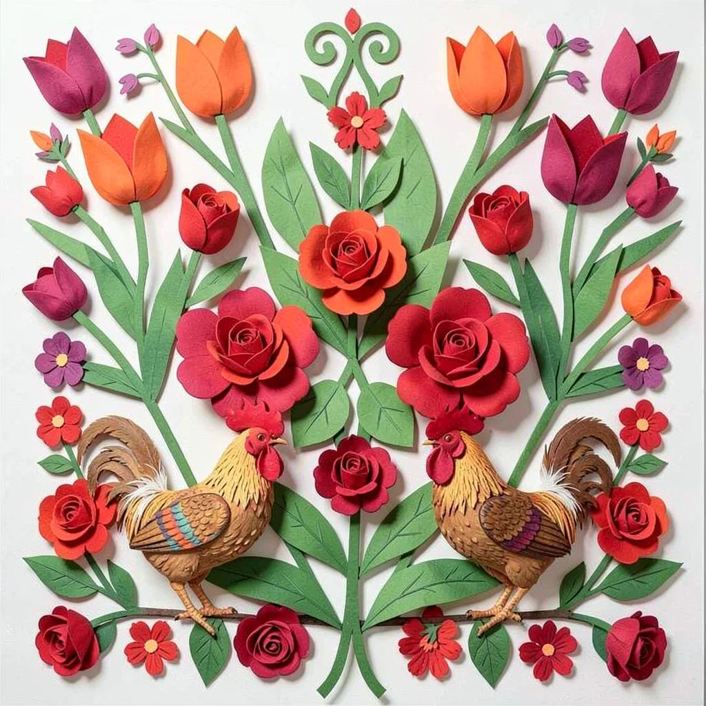 Polish wycinanki paper cut illustration, tulips and roses arranged in symmetrica