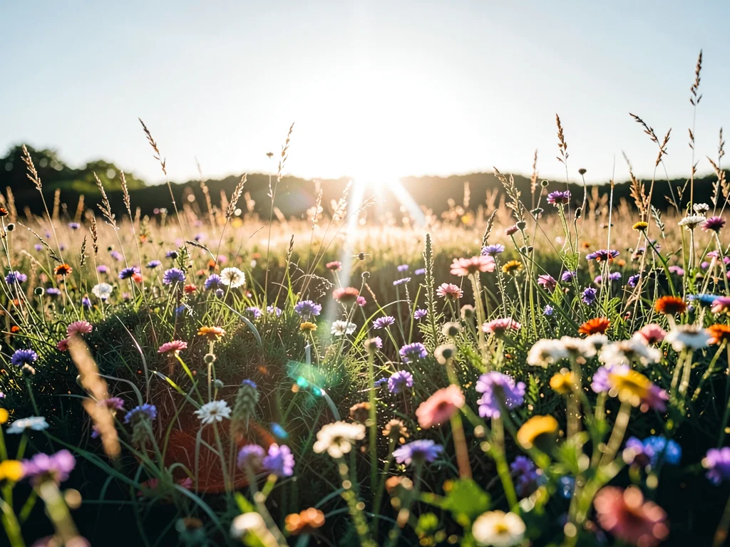 Wildflower meadow with sun behind