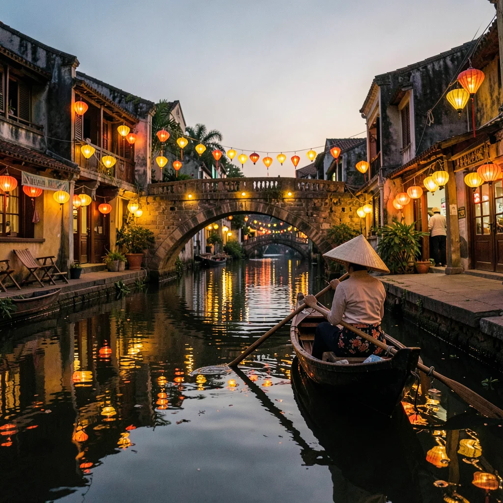 Hoi An lantern glow, silk amber on water, woman in conical hat paddling boat und