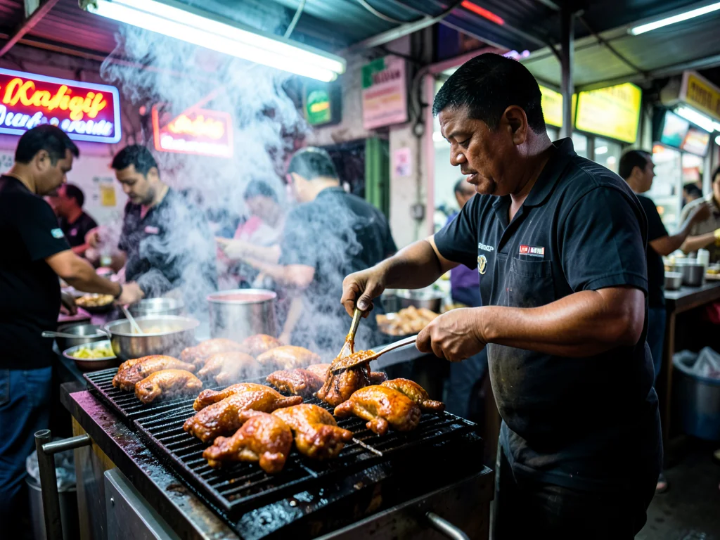 A jerk chicken stand in Kingston, whole chickens over a smoking pimento wood gri