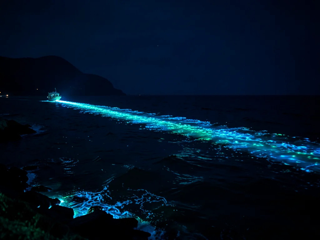 Bioluminescent wake behind a small boat — bright blue-green trail extending back