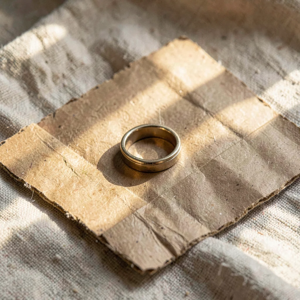 Warm linen flatlay of three rings on aged kraft paper, gentle raking light along