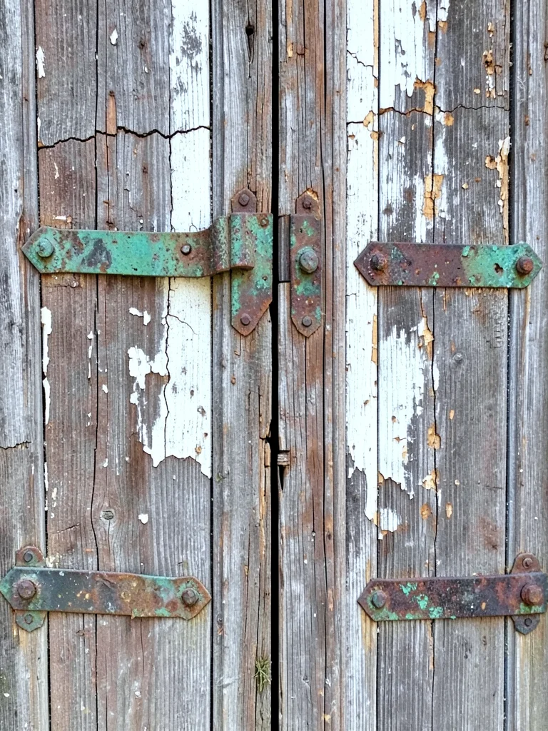 Weathered wooden door with cracked paint, iron hinges covered in verdigris