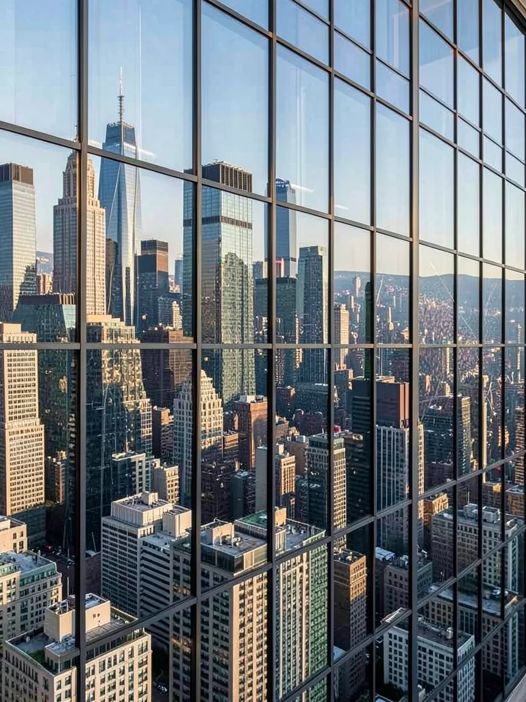 Entire skyline reflected in skyscraper windows, city containing infinite version
