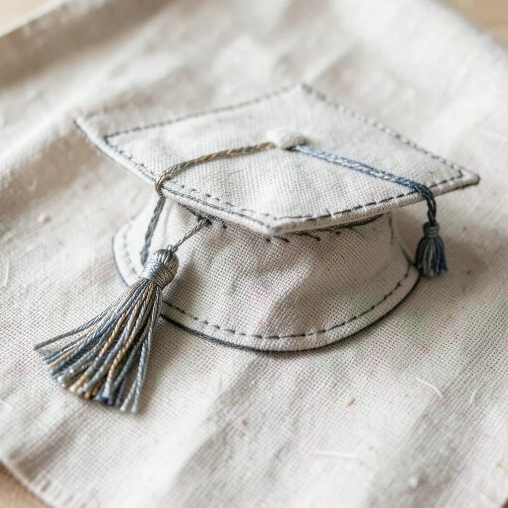 Embroidered mortarboard cap on cotton, tassel in metallic thread