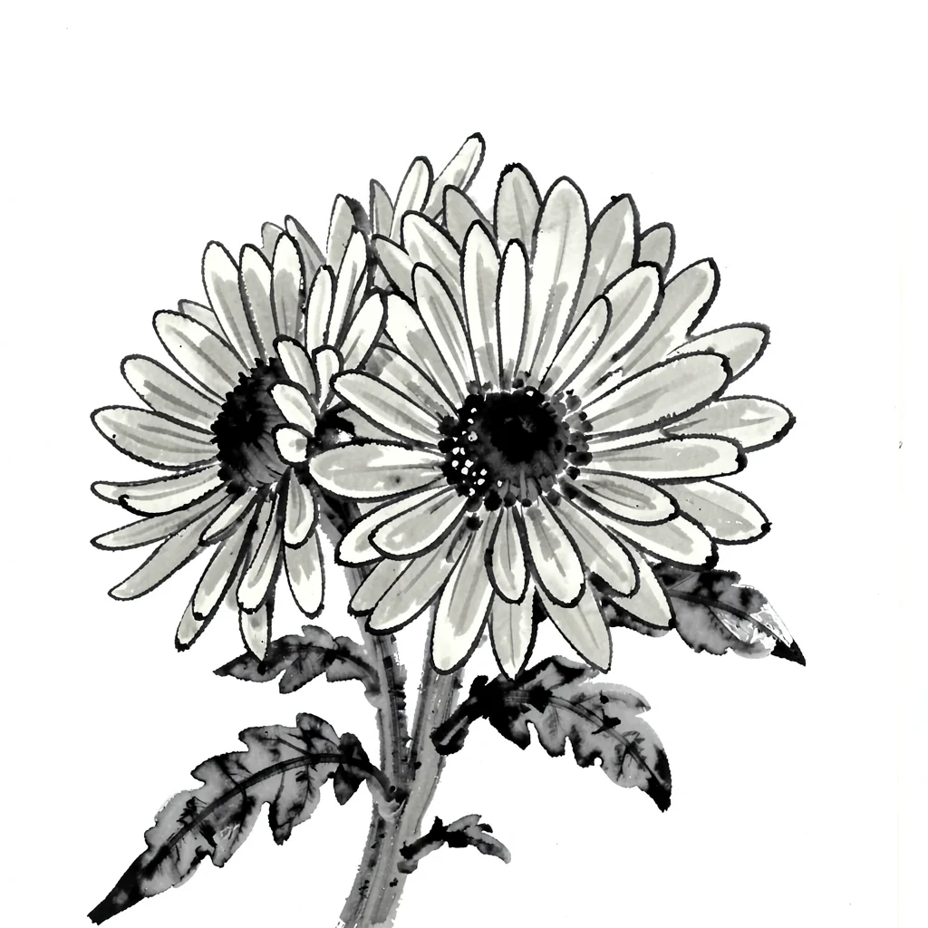 Chrysanthemum cluster in full bloom, dark centres, pale radiating petals