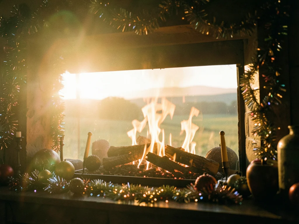 Fireplace flames reflecting off ornaments and tinsel, warm dancing light