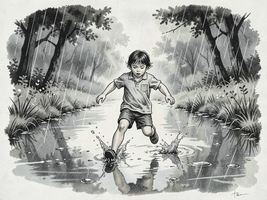 Child running through puddles