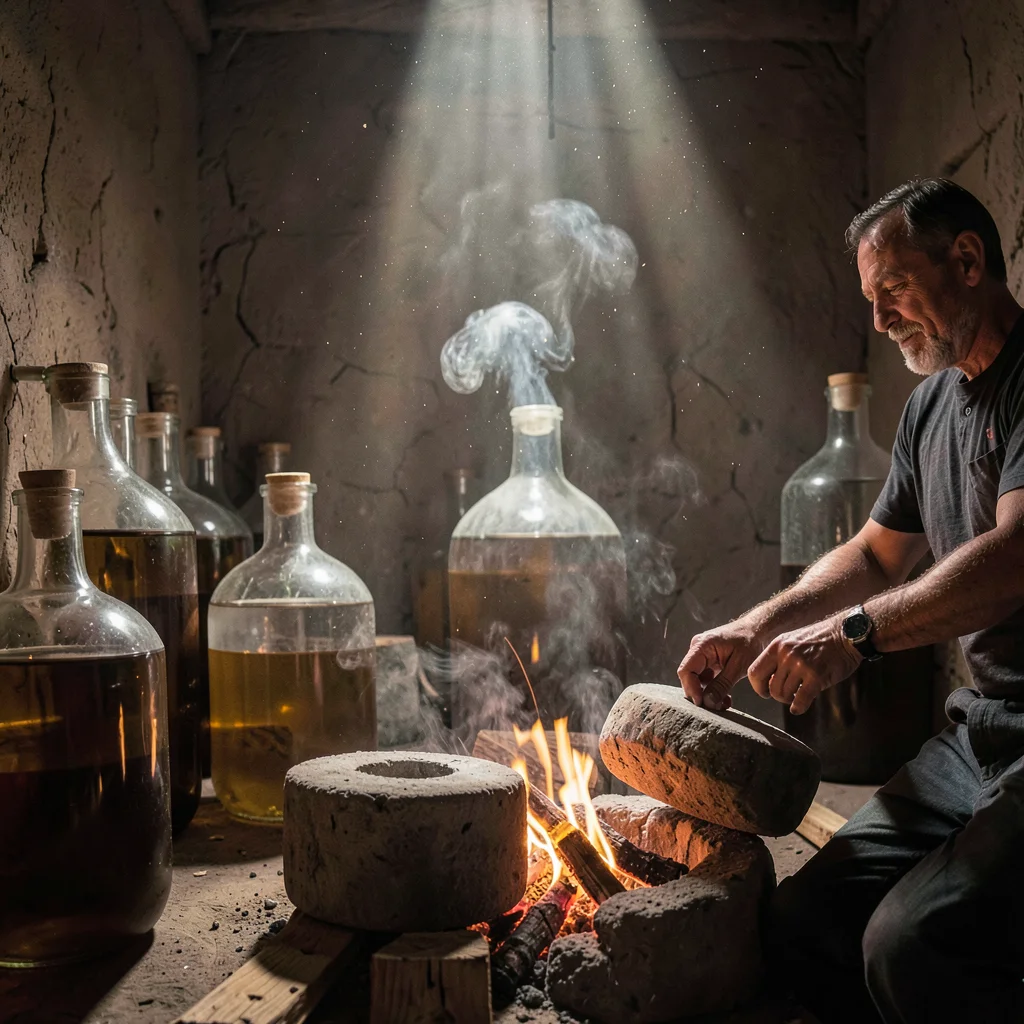Oaxacan mezcal process, palenque atmosphere, Rows of glass demijohns aging mezca