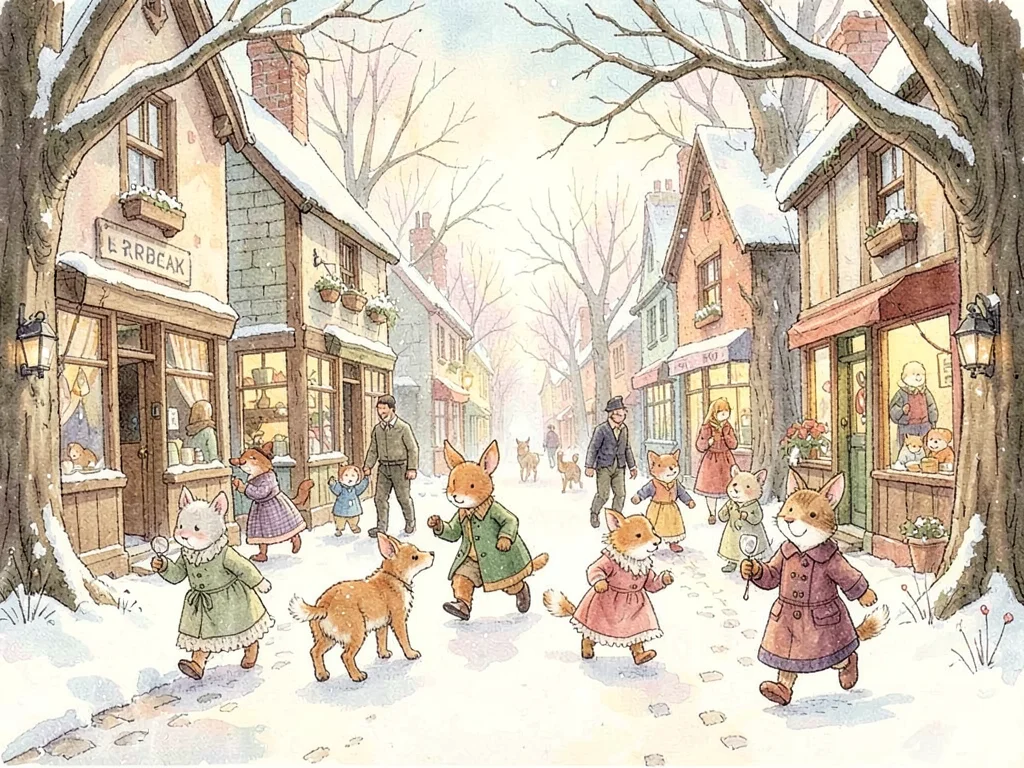 Snowy village with hurrying animals
