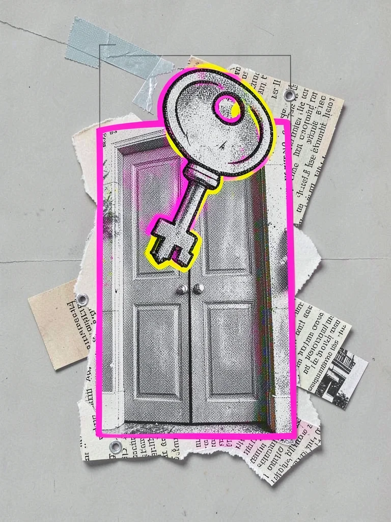 Editorial cut-paper collage of a hand-drawn key hovering over a halftone door cu