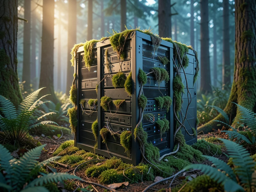 Old server rack in a forest clearing, moss and ferns growing through the ventila