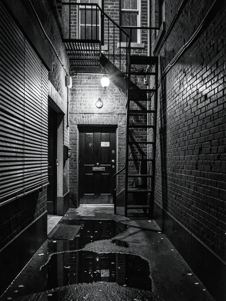 Narrow alley off Dame Street, fire escape zigzagging up a brick wall, single bul