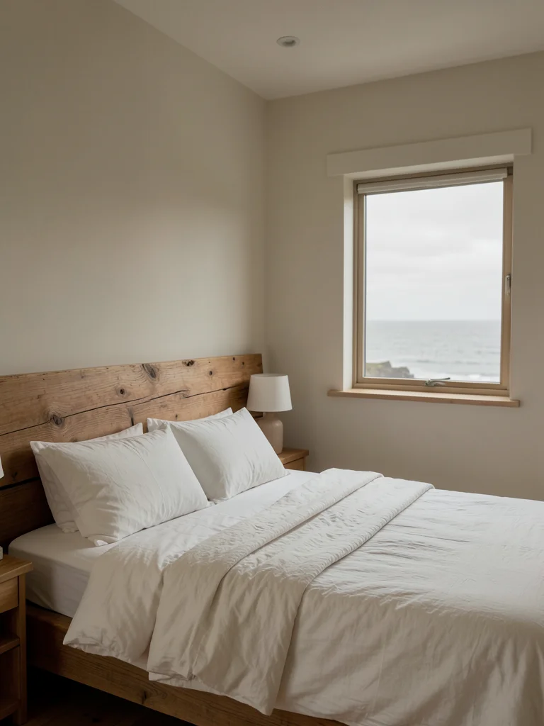 Bedroom in an Irish coastal retreat, white linen bedding, raw timber headboard, 
