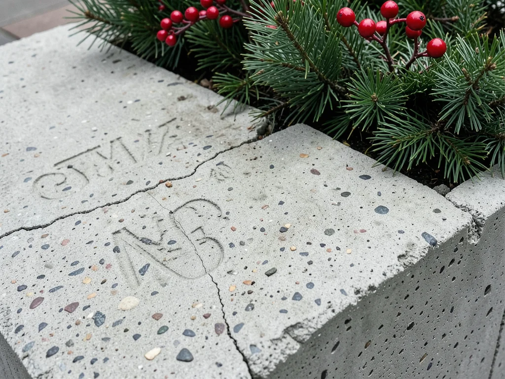Concrete planter filled with Christmas greenery and red berries, urban holiday