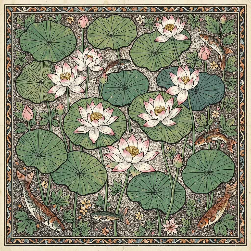 Lotus pond from above — open blooms, buds, and lily pads in dense arrangement