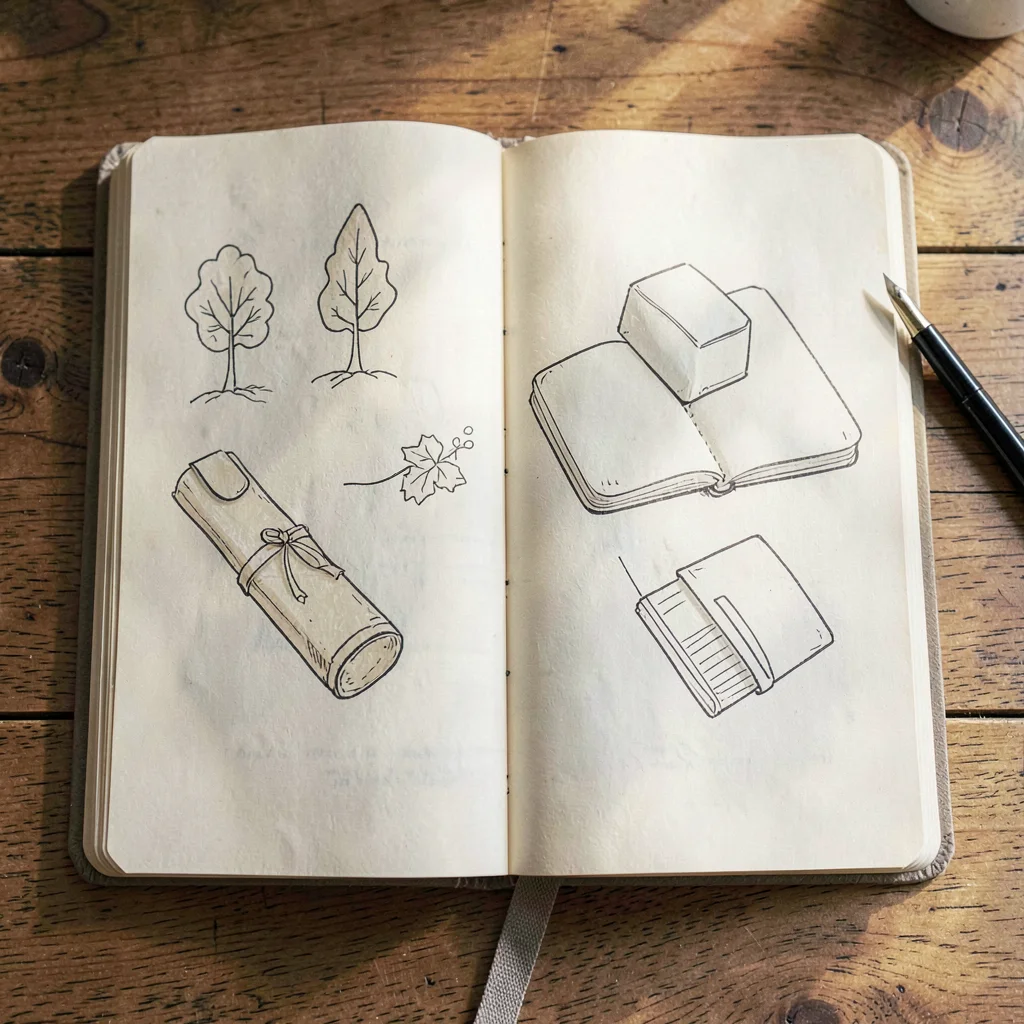 Top-down of an open notebook with neat hand-drawn diagrams (no readable text)