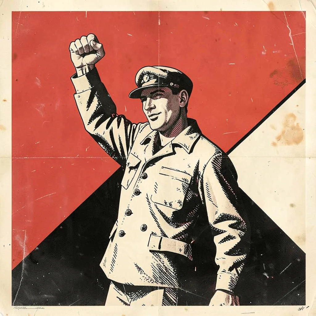 Soviet constructivist poster illustration, a worker with raised fist in diagonal