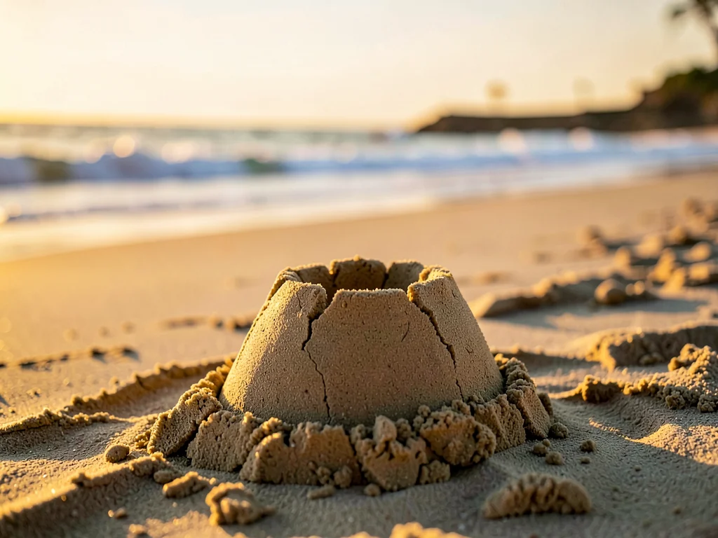 Family building sandcastle on wide sandy beach, waves in background, golden hour