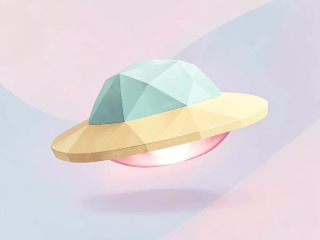 Hovering butter-yellow lowpoly UFO disc with mint dome and dusty-pink underglow 