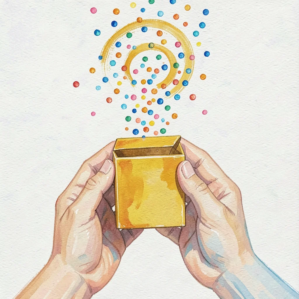 Holding a small mustard box partially open, two hands let confetti dots escape u