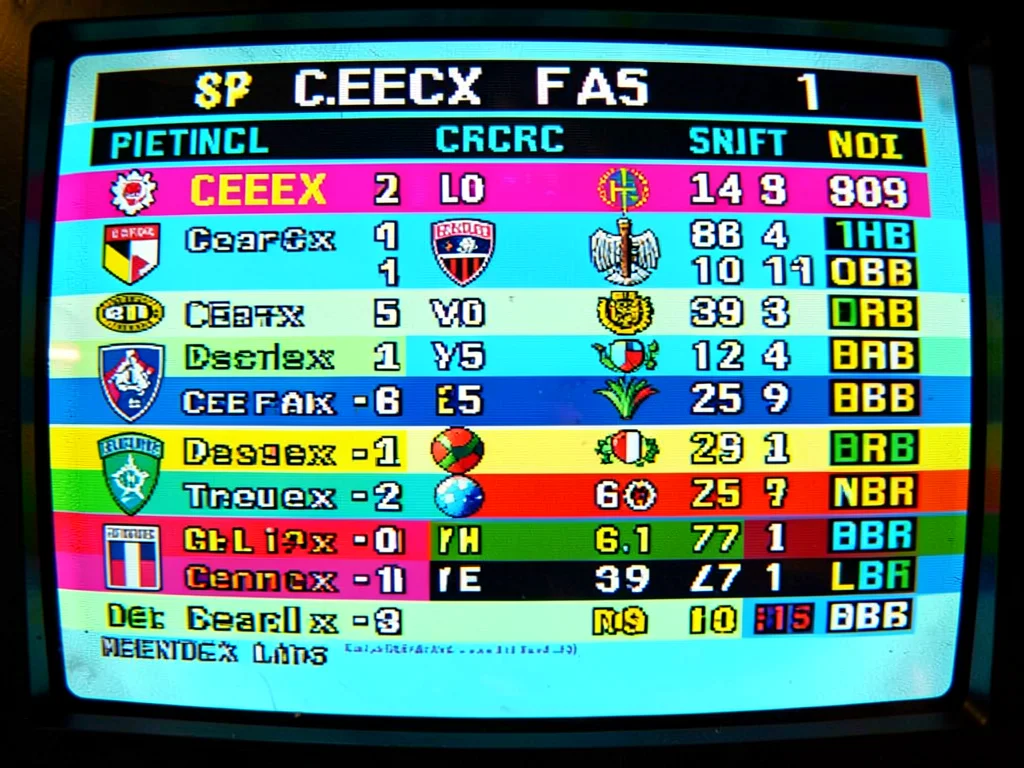 Sports scores for esports displayed as Ceefax results page, team logos pixelated