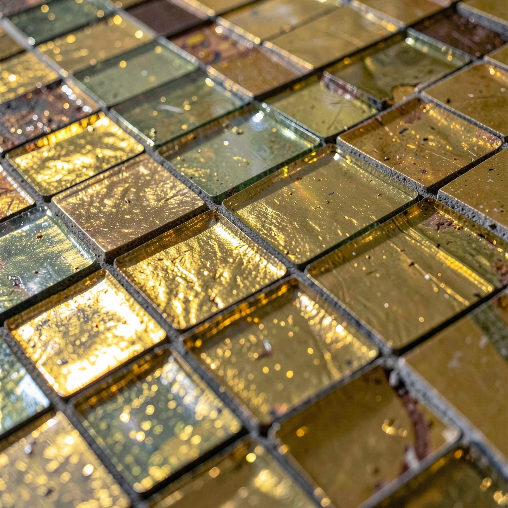 Close-up of gilded glass tesserae at a raking angle — the gold layer visible ben