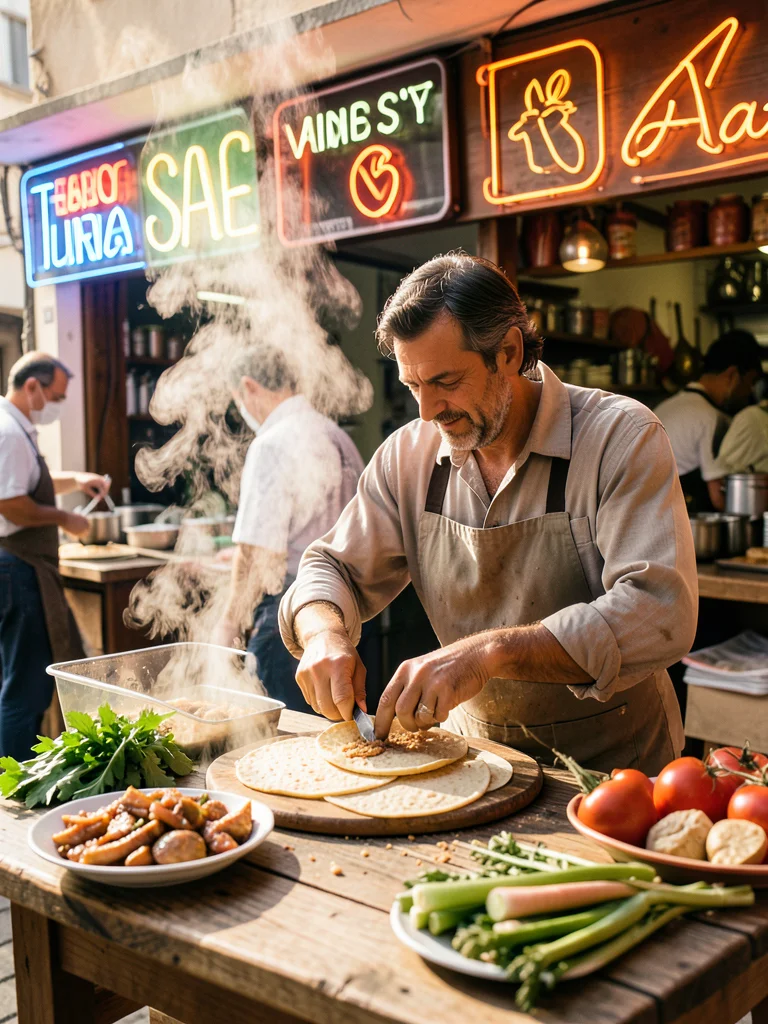 Street food vendor pressing fresh tortillas, steam rising, neon market signs beh