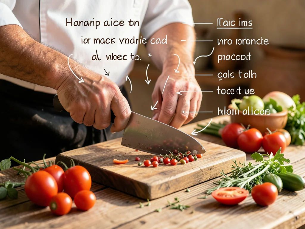 Chef's hands chopping, with technique diagram arrows and annotation ...