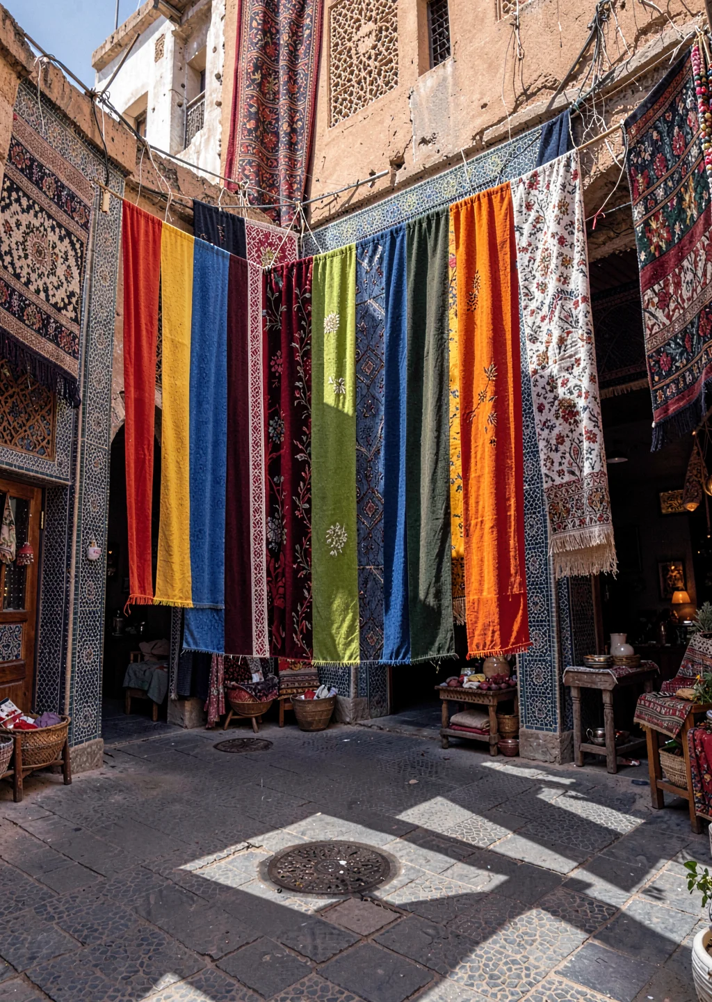 Geometric shadow play in Marrakech medina, textile souk with hanging fabrics cre