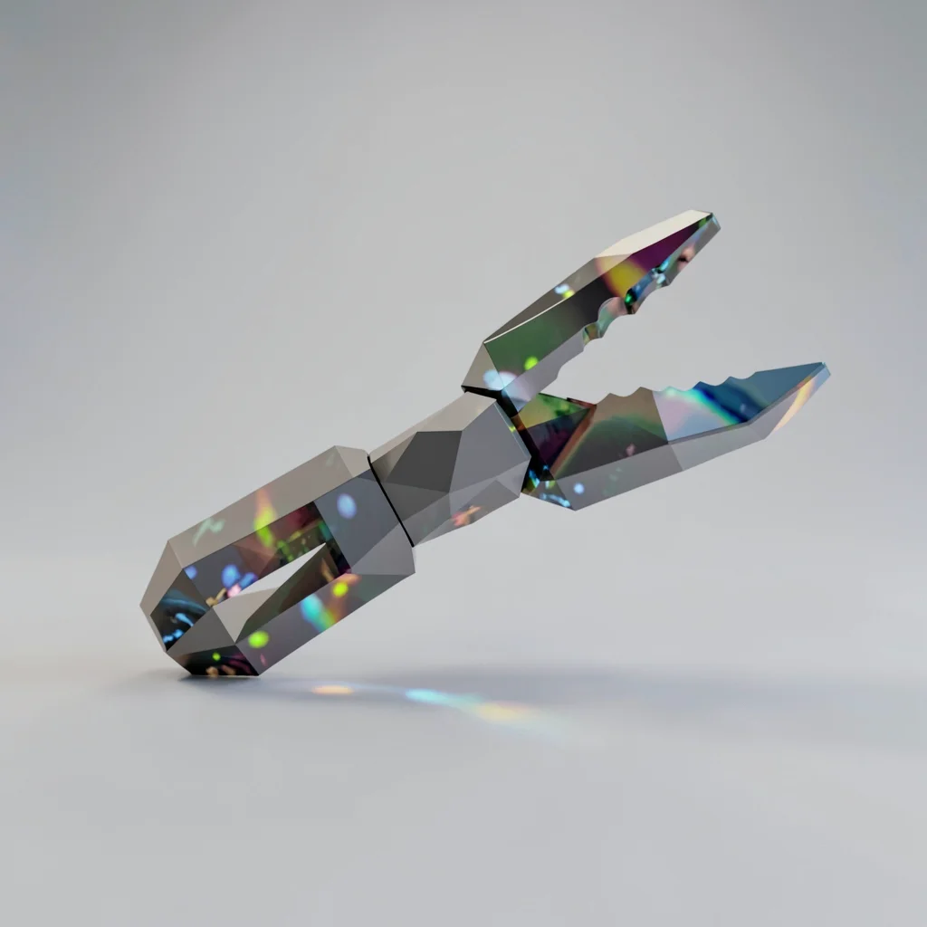 Smoky lowpoly pliers half-open with a faceted grey body catching dim caustics on