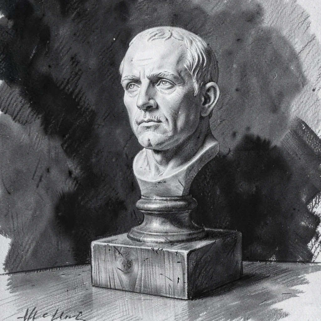 Charcoal study of a marble bust on a wooden plinth, smudgy dark background