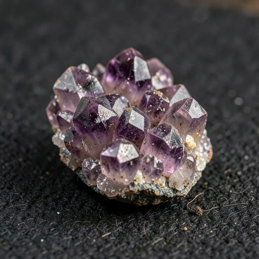 mineral-style macro of a raw amethyst cluster on dark felt