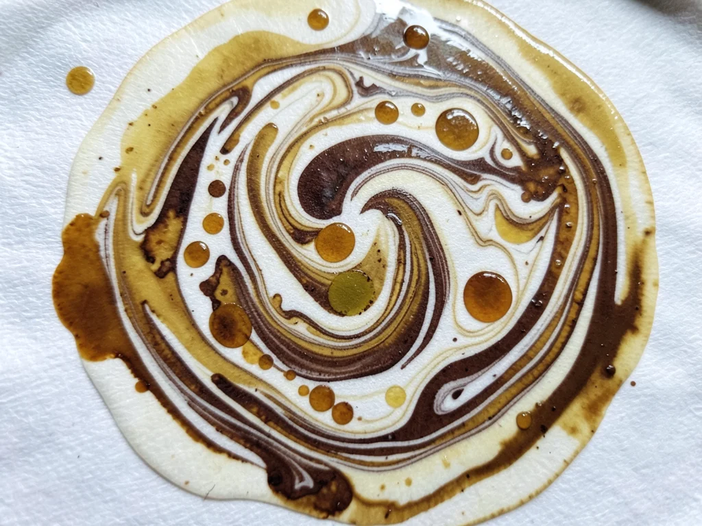 Freeform ebru in earth tones, ochre and umber drops swirled with a single stylus