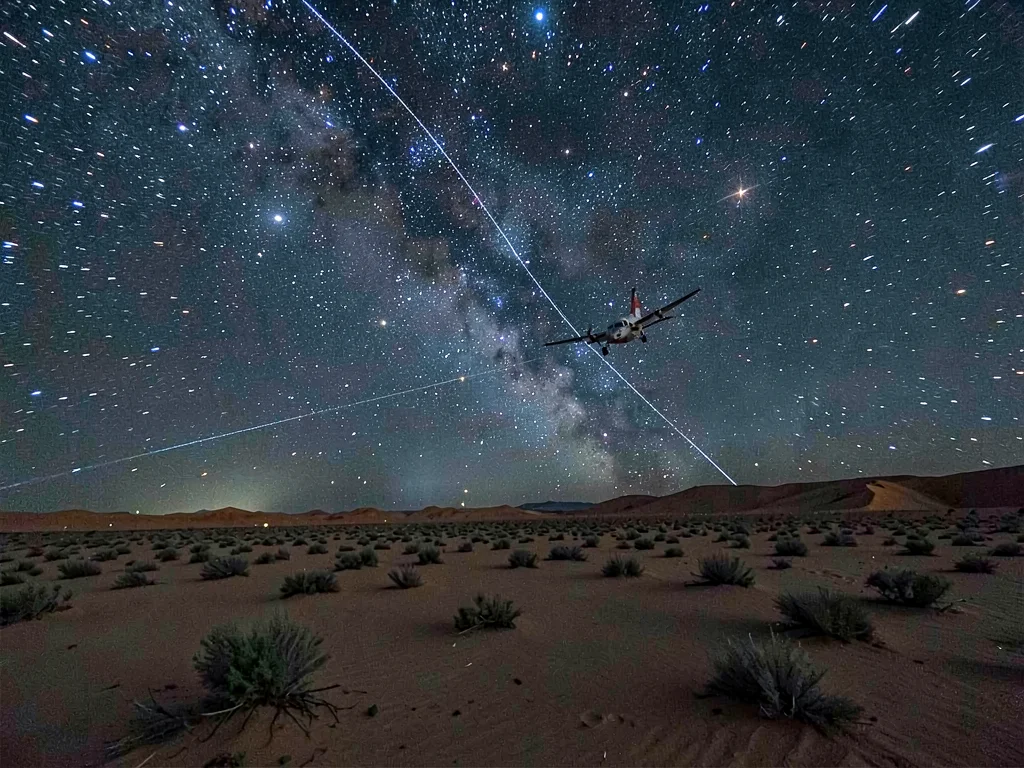 Aircraft crossing star trail field
