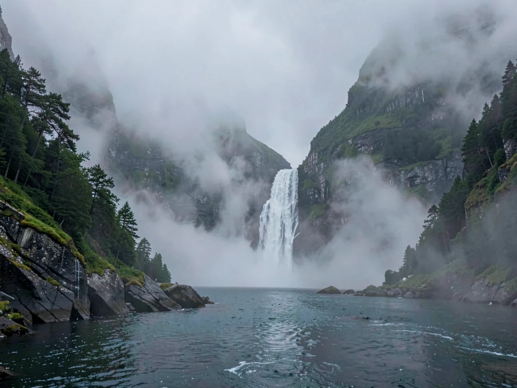 Waterfall visible through mist as white line