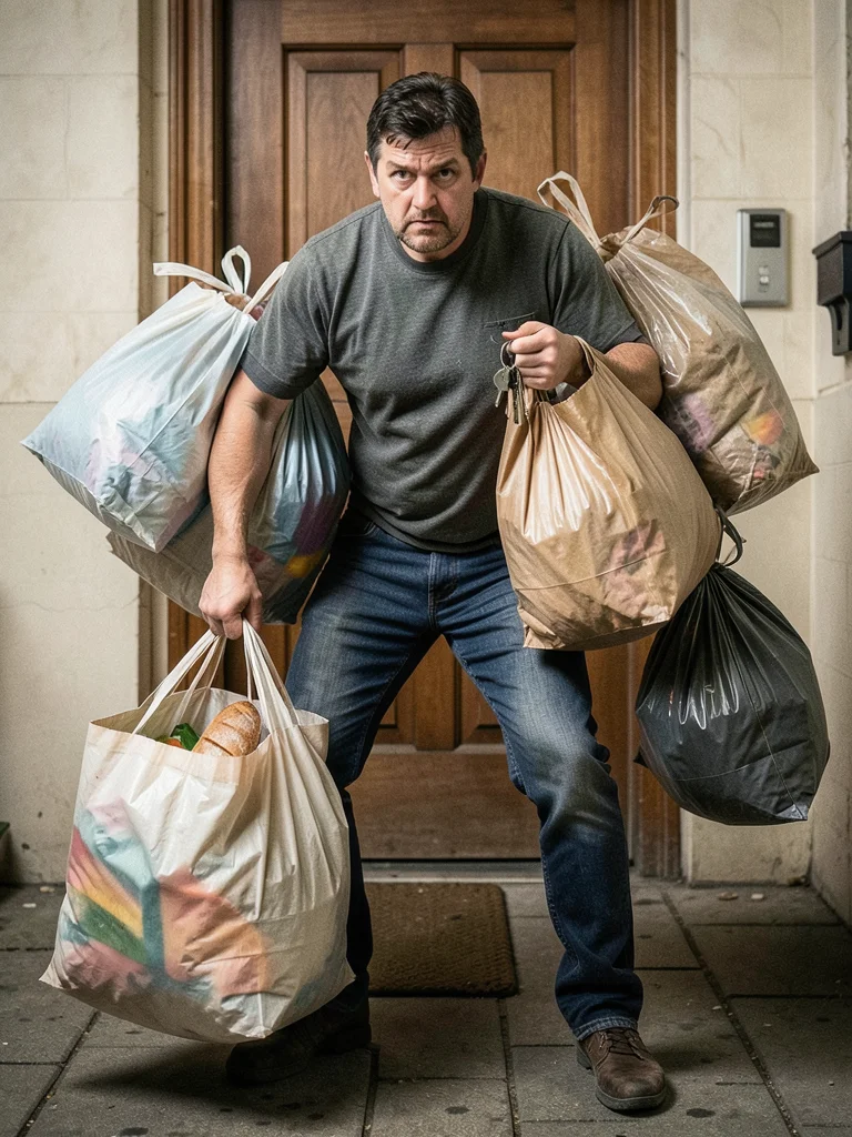 A person trying to carry too many grocery bags from the car in one trip, bags lo